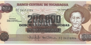 NicaraguaBN 1000 Cordobas 1985(overprinted 200.000) Banknote