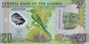 The Gambia 2014 20 Dalasis.

20 Years of Yahya Jammeh's Dictatorship.

The second commemorative note type from The Gambia.

The first polymer note type from The Gambia.

Cut unevenly. Banknote