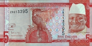 The Gambia N.D. (2015) 5 Dalasis.

Replacement note.

Cut unevenly in error. Banknote