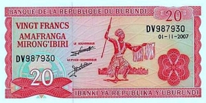 20 Francs - Banque de la Republique du Burundi (01-11-2007) Banknote