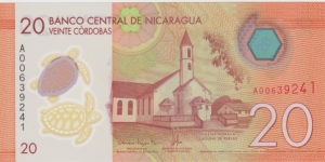 20 Cordobas ( Medida: 136 x 67 mm ) Nota de plástico
Iglesia Morava, Laguna de Perlas
Festival Mayo Ya Banknote