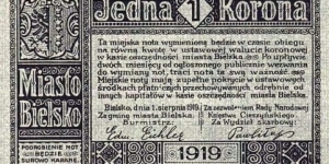 City of Bielsko/Bielitz. 1 Korona. Obverse description in polish language. Reverse in German language. Banknote