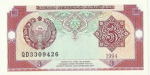 Uzbekistan 3 Sum 1994 Banknote