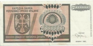 Krajina Serbia 20 Million Dinara 1993 Banknote