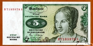 West Germany | 
5 Mark, 1980 | 

Obverse: Portrait of a young Venetian woman (painted 1505) by Albrecht Dürer (1471-1528) | 
Reverse: Oak sprig with acorns symbolising nature of Germany | 
Watermark: Portrait of a Young Venetian woman | Banknote