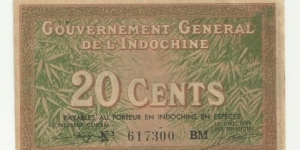 FrIndochina 20 Cents ND(1939)(Gov Gen de L'Indochine) Banknote