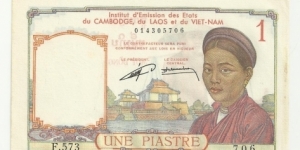 FrIndochina 1 Piastre ND(1953)(Institut d'Emission C-L-V) Banknote