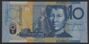 1993 $10 polymer note. KE93 last prefix with wet ink transfer. Banknote