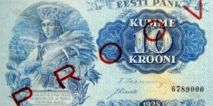10 Krooni - Proov (Specimen) Very Rare Banknote
