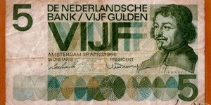 The Netherlands | 
5 Gulden, 1966 | 

Obverse: Joost van den Vondel (1587-1679) | 
Reverse: Modern design of Amsterdam Playhouse | Banknote