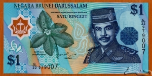 Brunei |
1 Ringgit/Dollar, 1996 | 

Obverse: The national flower of Brunei - Simpur Gajah (Riverside Simpur) (aka The River Simpor (Dillenia beccariana)), and Sultan Sir Hassanal Bolkiah | 

Reverse: Rainforest waterfall | 

Window: National Coat of Arms | Banknote