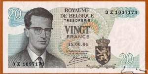 Belgium | 
20 Francs/Frank, 1964 | 

Obverse: King Baudouin (Boudewijn) I of Belgium wearing eyeglasses (1930-993), and National Coat of arms | 
Reverse: Atomium building in Brussels | 
Watermark: King Baudouin I | Banknote