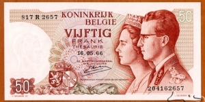 Belgium | 
50 Francs/Frank, 1966 | 

Obverse: King Baudouin (Boudewijn) I and Queen Fabiola of Belgium in profile, and National Coat of arms | 
Reverse: The Belgian Parliament Building in Brussels | 
Watermark: Effigy of King Baudouin in profile | Banknote