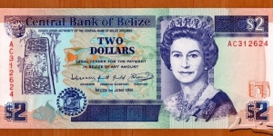 Belize |
2 Dollars, 1991 | 

Obverse: Queen Elisabeth II, Mayan stone carvings, and National Coat of Arms | 
Reverse: Fauna of Belize, and Maya ruins of Belize: Altun Ha, Xunantunich, Lubaantun | 
Watermark: Carved head of the Sleeping Giant | Banknote