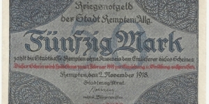 Germany-Kriegsnotgeld 50 Mark 1918-Stadt Kempten Banknote