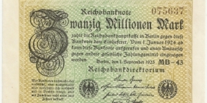 Germany Weimar 20 Million Mark 1923 (diff serial number-1) Banknote