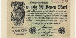 Germany Weimar 20 Million Mark 1923 (diff serial number-2) Banknote