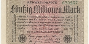 Germany Weimar 50 Million Mark 1923 (diff serial number-1) Banknote