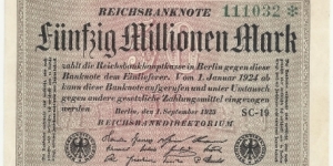 Germany Weimar 50 Million Mark 1923 (diff serial number-3) Banknote