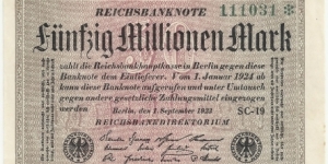 Germany Weimar 50 Million Mark 1923 (diff serial number-5) Banknote