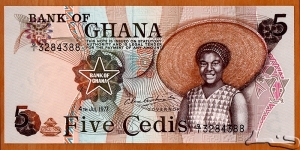 Ghana | 
5 Cedis, 1977 | 

Obverse: Woman wearing a large hat | 
Reverse: Larabanga Mosque | 
Watermark: Eagle's head with a star | Banknote