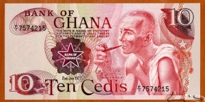 Ghana | 
10 Cedis, 1977 | 

Obverse: Man smoking a pipe | 
Reverse: Hydroelectric dam | 
Watermark: Eagle's head with a star | Banknote