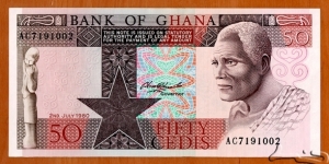 Ghana | 
50 Cedis, 1980 | 

Obverse: Wood carved statuette, and African man | 
Reverse: Workers splitting cacao pods | 
Watermark: Eagle's head with a star | Banknote