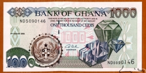 Ghana | 
1,000 Cedis, 2003 | 

Obverse: Diamonds, and National Coat of Arms | 
Reverse: Cocoa harvest | 
Watermark: National Coat of Arms, Electrotype 