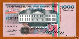 Suriname | 
1,000 Gulden, 1995 | 

Obverse: Factory, and Building of the Central Bank | 
Reverse: , Red-billed white-throated Toucan, and Coat of Arms | 
Watermark: Red-billed white-throated Toucan | Banknote