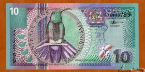 Suriname | 
10 Gulden, 2000 | 

Obverse: Green-throated Mango, A map of Suriname, Coat of Arms, and A beetle | 
Reverse: Scarlet Star, and Building of the Central Bank | 
Watermark: Building of the Central Bank | Banknote