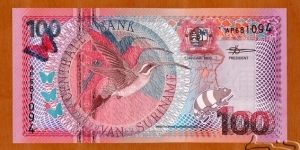 Suriname | 
100 Gulden, 2000 | 
Obverse: Eastern Long-tailed Hermit, Butterflies, and a Chameleon, and Coat of Arms | 
Reverse: Frangipani, Plumiera, and Building of the Central Bank of Suriname | 
Watermark: Building of the Central Bank | Banknote