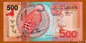 Suriname | 
500 Gulden, 2000 | 

Obverse: Guianan cock-of-the-rock, Butterflies, and A beetle | 
Reverse: Mandevilla splendens flower, and Building of the Central Bank of Suriname | 
Watermark: Building of the Central Bank | Banknote