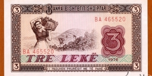 Albania | 
3 Lekë, 1976 |  

Obverse: Albanian peasant woman with basket of grapes at a vineyard | 
Reverse: View of Sarandë and the harbour | 
Watermark: Bank logo pattern of Stars and 