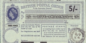 England 1957 5 Shillings postal order.

Issued at Merton-On-Avon,Bath (Somerset). Banknote