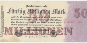 Germany Weimar 50 Million Mark 1923 Banknote