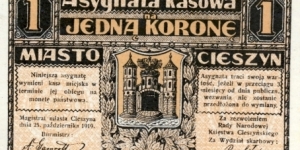 Cieszyn/Teschen 1 Korona. Polish and German languages. Banknote