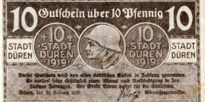 10 Pfg. Notgeld City of Duren Banknote