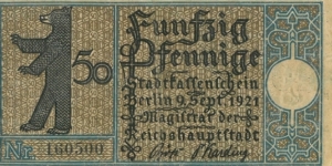Notgeld:
Berlin (20)
The Obverse is being rescaned (Monday) Banknote