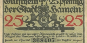 Notgeld:
Hameln
 Banknote