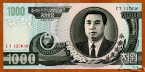 North Korea | 
1,000 Wŏn, 2002 | 

Obverse: Portrait of Kim Il-sung, and Siebold's Magnolia (Magnolia sieboldii) flowers | 
Reverse: Mangyongdae - the birthplace of Kim Il-sung | 
Watermark: Arch of Triumph in Pyongyang | Banknote