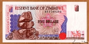 Zimbabwe | 
5 Dollars, 1997 | 

Obverse: Chiremba Balancing Rocks in Matopos National Park | 
Reverse: Terraced Hills | 
Watermark: Zimbabwe bird | Banknote