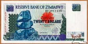 Zimbabwe | 
20 Dollars, 1997 | 

Obverse: Chiremba Balancing Rocks in Matopos National Park | 
Reverse: Victoria Falls (or Mosi-oa-Tunya = The Smoke and Thunders) on Zambezi River | 
Watermark: Zimbabwe bird | Banknote