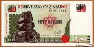 Zimbabwe | 
50 Dollars, 1994 | 

Obverse: Chiremba Balancing Rocks in Matopos National Park | 
Reverse: The conical tower inside the Great Enclosure at The Ruins of Great Zimbabwe near Masvingo (Fort Victoria) | 
Watermark: Zimbabwe bird | Banknote