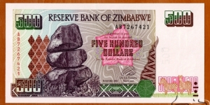 Zimbabwe | 
500 Dollars, 2001 | 

Obverse: Chiremba Balancing Rocks in Matopos National Park | 
Reverse: Hwange Thermal Power Station | 
Watermark: Zimbabwe Bird, Electrotype 