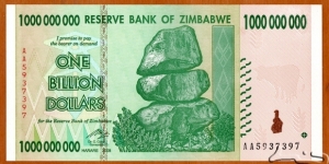 Zimbabwe | 
1,000,000,000 Dollars, 2008 | 

Obverse: Chiremba Balancing Rocks in Matopos National Park, Zimbabwe Bird in colour-shifting paint | 
Reverse: Palm trees in the National Herbarium and Botanic Garden in Avondale in Harare, and Trumpeting African elephant | Banknote