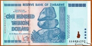 Zimbabwe | 
100,000,000,000,000 Dollars, 2008 | 

Obverse: Chiremba Balancing Rocks in Matopos National Park, Zimbabwe Bird in colour-shifting paint |  
Reverse: Victoria Falls (or Mosi-oa-Tunya = The Smoke and Thunders) on Zambezi River, and Water Buffalo | Banknote