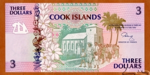 Cook Islands | 
3 Dollars/Tāra, 1992 | 

Obverse: People leaving church, Shells, and Palms and flowers | 
Reverse: Map of Aitutaki and Manuae atolls, People performing traditional dance, Drummers, and Blue Lorikeet sitting on a branch of a banana | 
Watermark: Sea turtle | Banknote