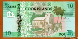 Cook Islands | 
10 Dollars/Tāra, 1992 | 

Obverse: People leaving church, Shells, and Palms and flowers | 
Reverse: Rarotonga atoll, People gathering, Cook Islands Fruit-dove (Ptilinopus rarotongensis), and  Rarotong mottled pigeon | 
Watermark: Sea turtle | Banknote