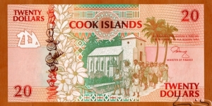 Cook Islands | 
20 Dollars/Tāra, 1992 | 

Obverse: People leaving church, Shells, and Palms and flowers | 
Reverse: Ngaputoru & Mangaia atolls and outlined maps depicting the islands of Atiu, Mauke, Mitiaro, Takutea, Mangaia, Islanders by a canoe with an outrigger, Camphor tree (Cinnamomum camphor), Carved shark hook from Mangaia made of ironwood root, Mangaia kingfisher (Todiramphus ruficollaris), Coconut crab (Birgus latro), and Rarotonga Meryta - Kakavatua (Meryta pauciflora) | 
Watermark: Sea turtle | Banknote