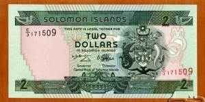 Solomon Islands | 2 Dollars, 1997 | Obverse: National Coat of Arms, Stylised Bonito fish, Food bowl with two porpoises, and Bokolo - stylised bird used as money | Reverse: Spearfishing scene | Banknote